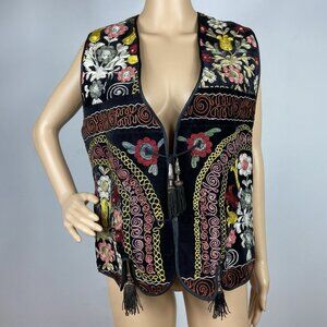 Vtg Handmade Embroidered Velvet Vest Copper Tassels Size L Folk Art Floral Boho